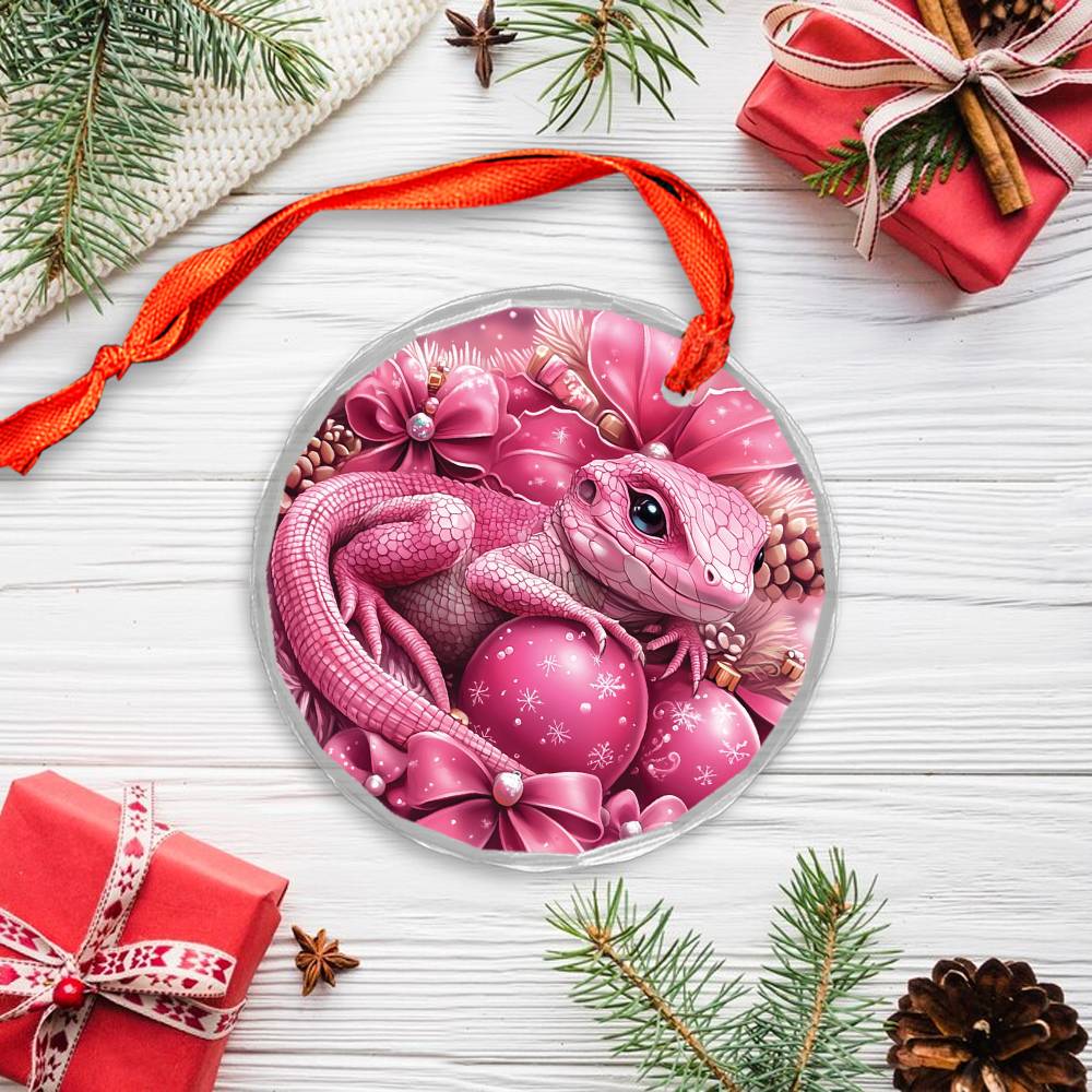Lizard Pink Christmas Design 2 Glass Ornament