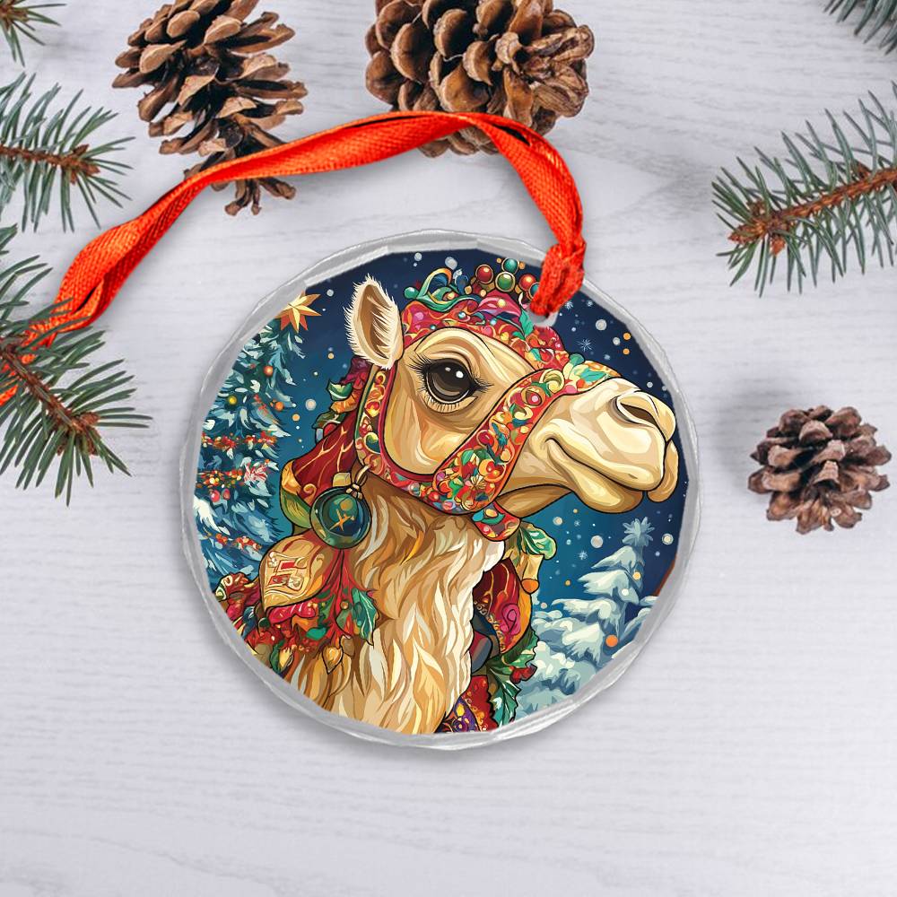 Beautiful Camel Christmas Night Design 1 Glass Ornament