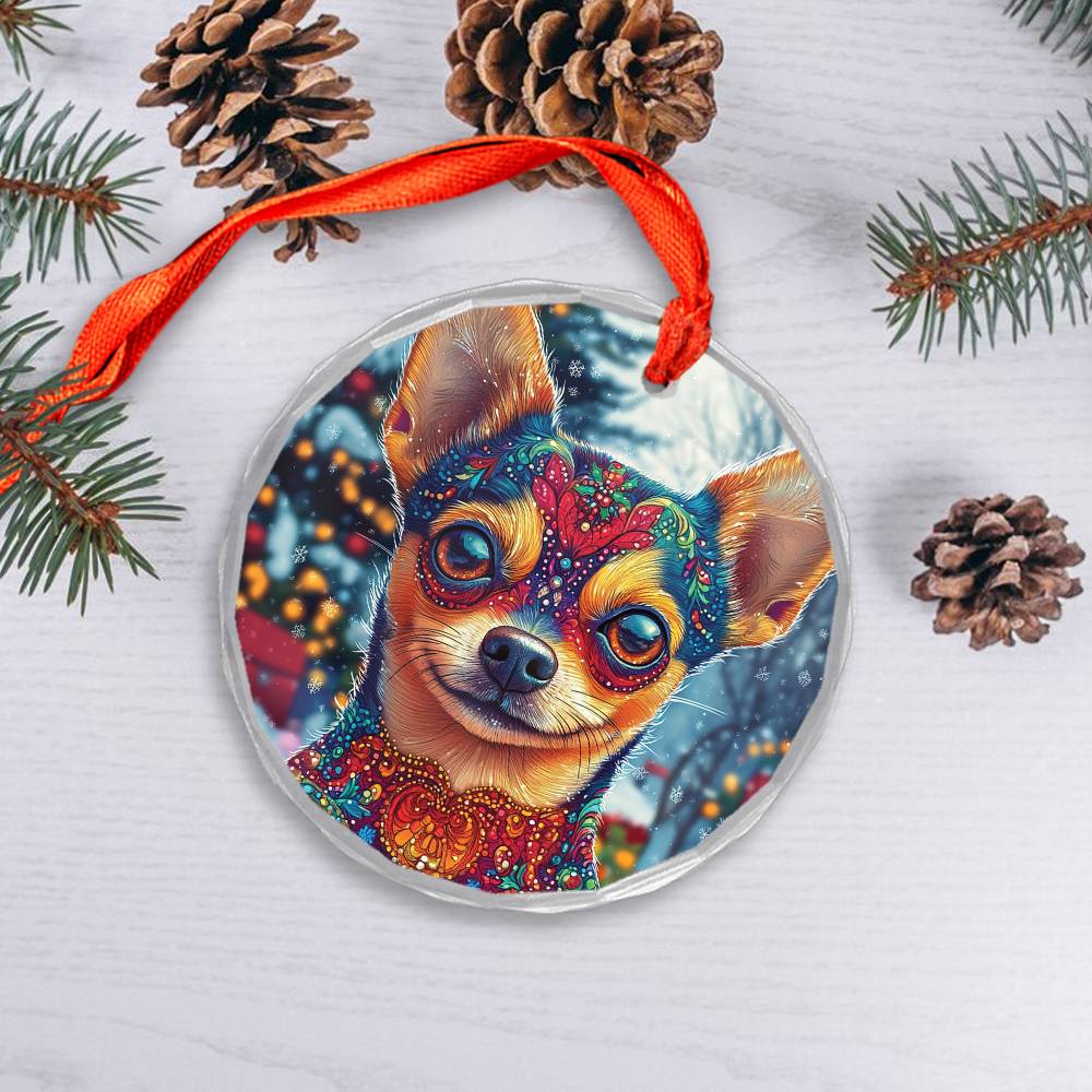 Beautiful Chihuahua Dog Christmas Night Design 4 Glass Ornament