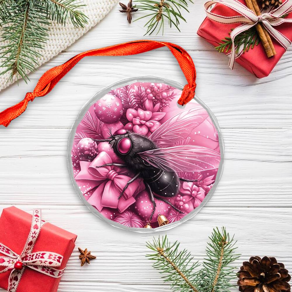 Fly Pink Christmas Design 1 Glass Ornament