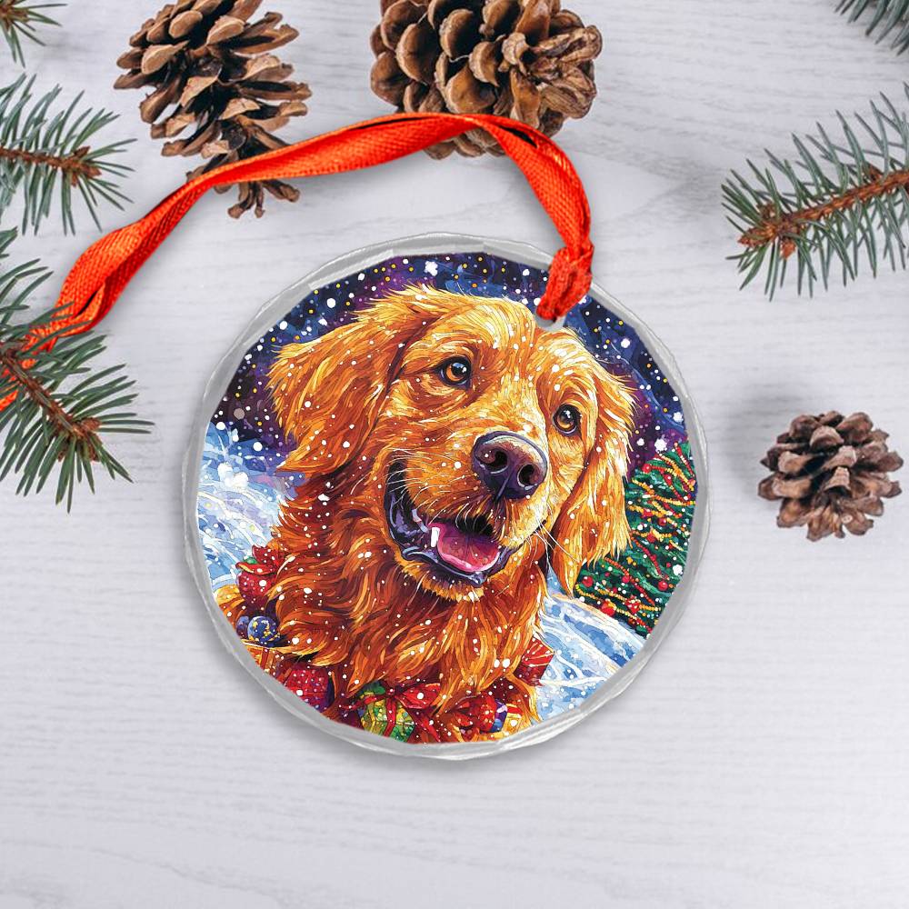 Beautiful Golden Retriever Dog Christmas Night Design 4 Glass Ornament