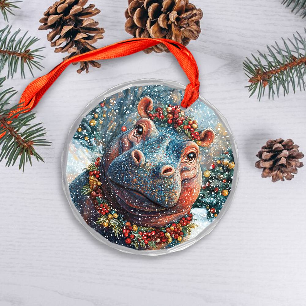 Beautiful Hippo Christmas Night Design 1 Glass Ornament