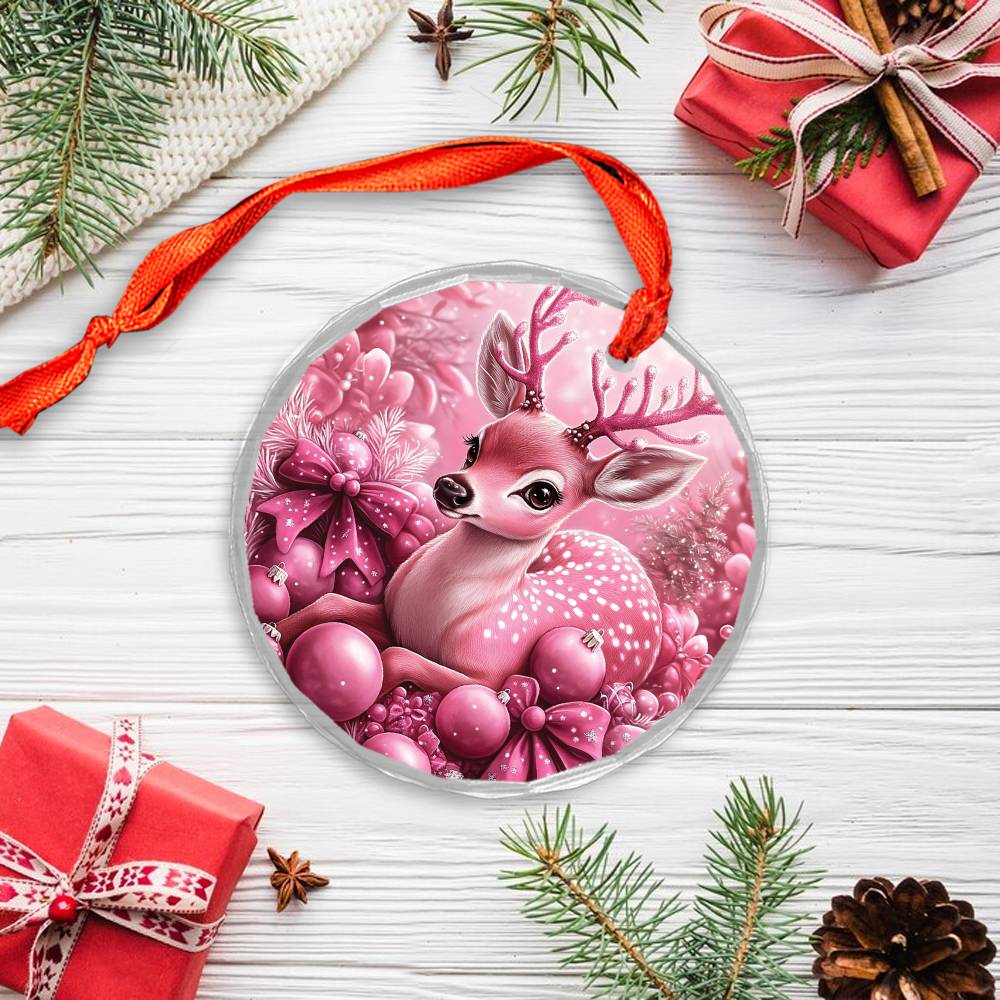 Deer Pink Christmas Design 3 Glass Ornament