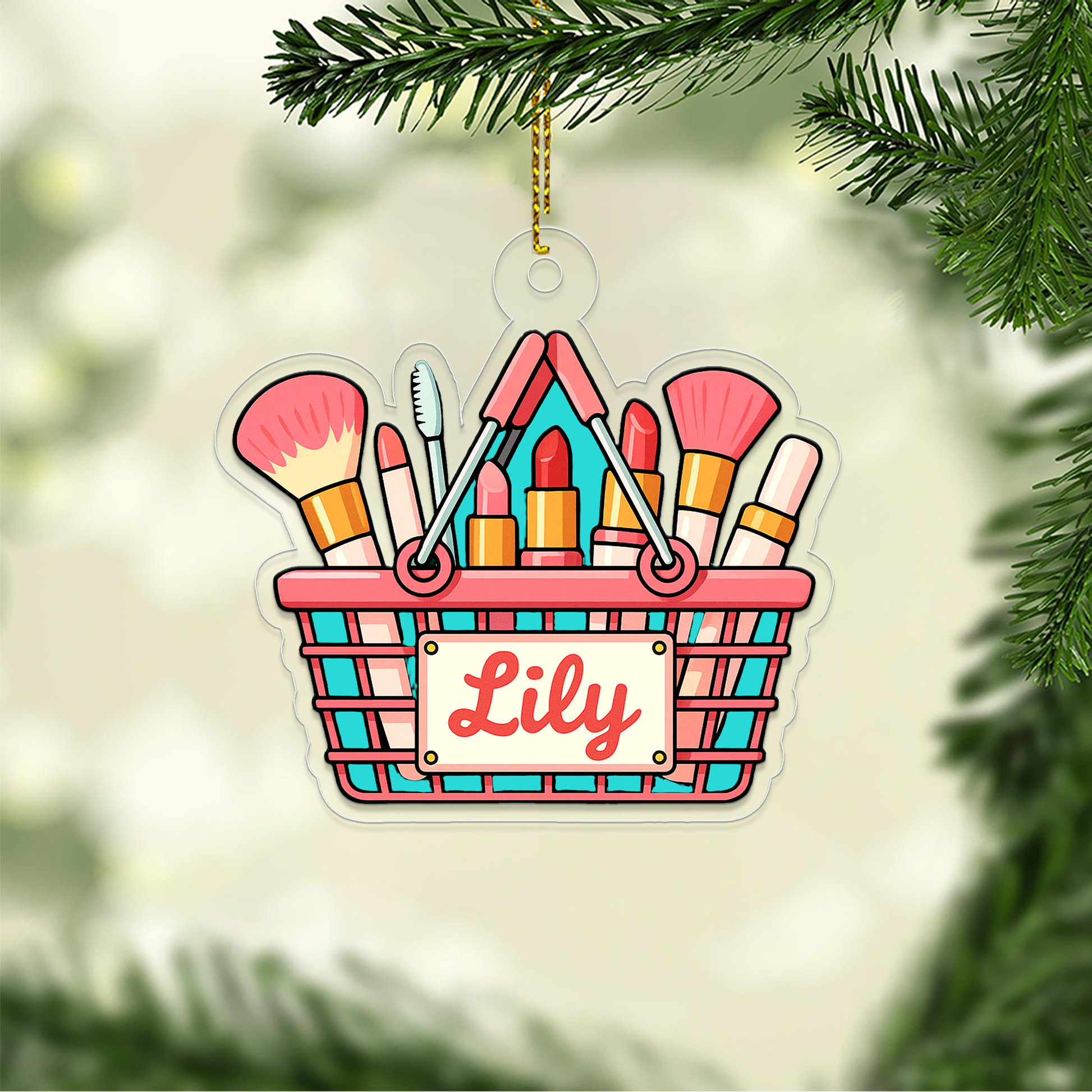 Personalized Makeup Basket Acrylic Ornament, Christmas Decor, Beauty Ornaments, Makeup Artist Ornament, Xmas Makeup Gifts