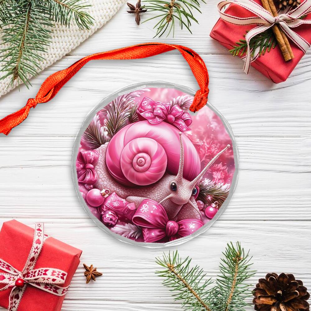 Snail Pink Christmas Design 1 Glass Ornament