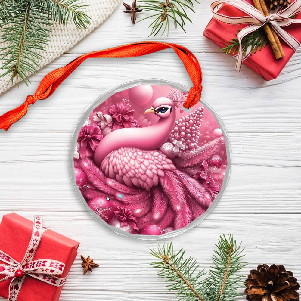 Peacock Pink Christmas Design 1 Glass Ornament