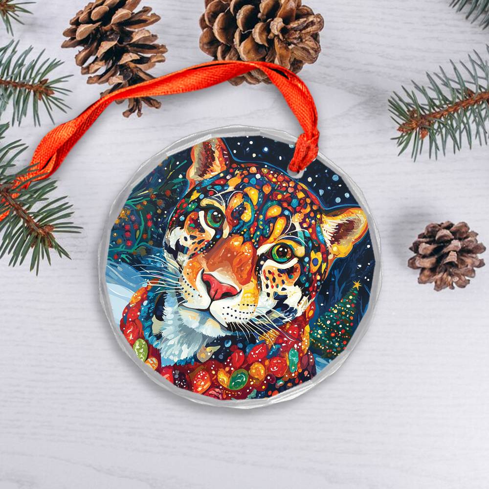 Beautiful Jaguar Christmas Night Design 2 Glass Ornament