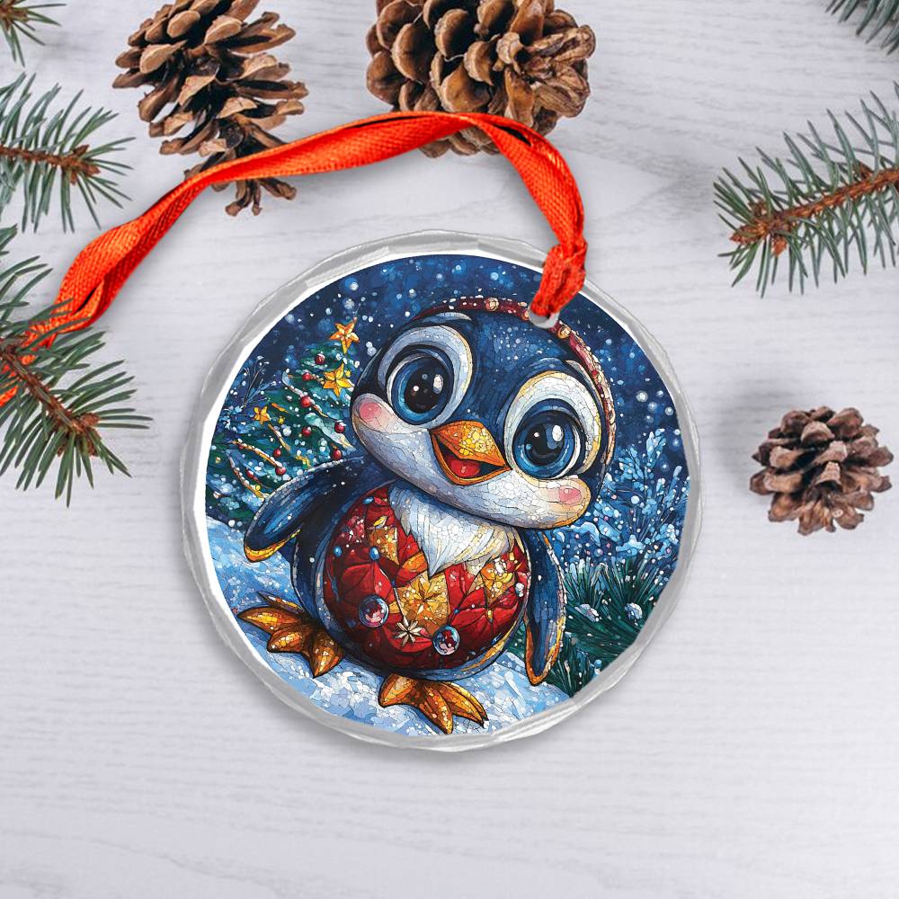 Beautiful Angus Penguin Christmas Night Design 2 Glass Ornament