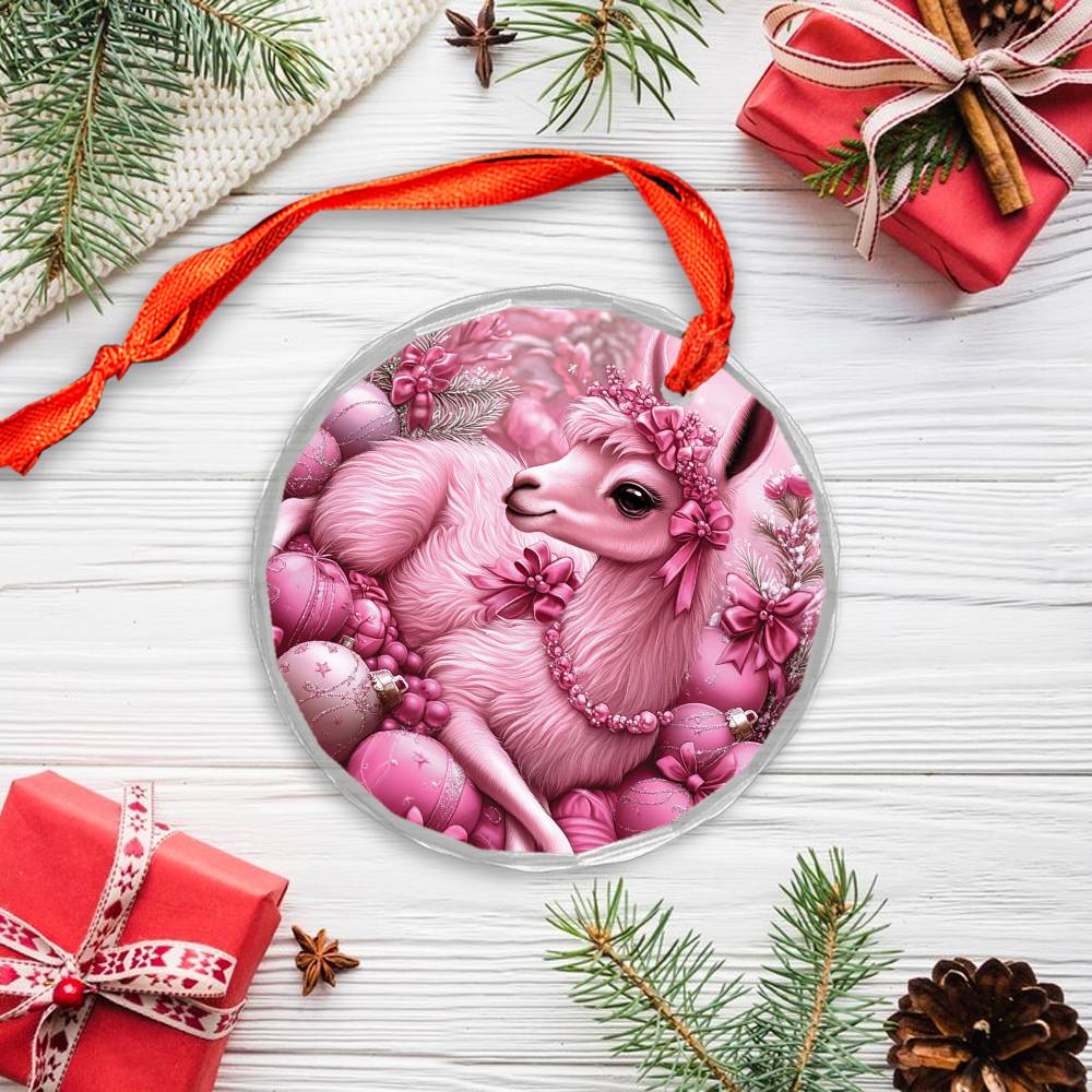 Llama Pink Christmas Design 4 Glass Ornament