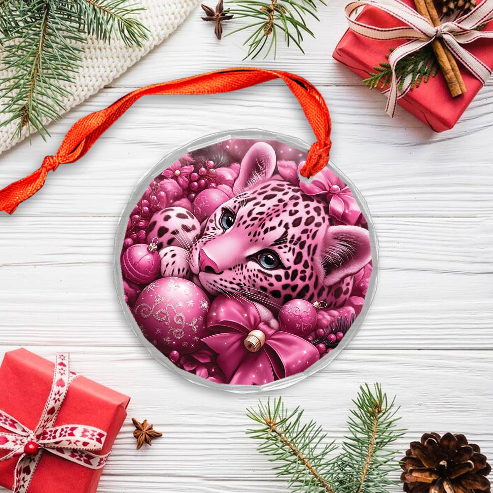 Leopard Pink Christmas Design 3 Glass Ornament