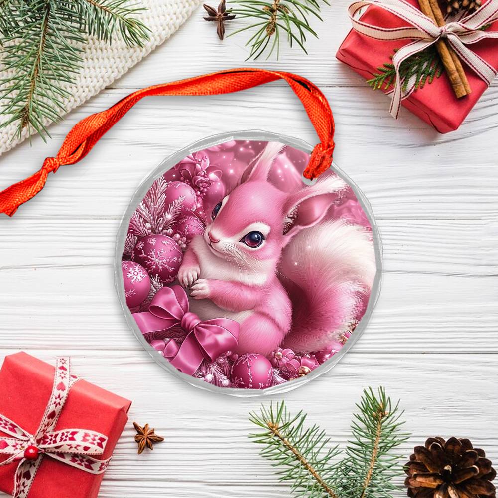 Squirrel Pink Christmas Design 4 Glass Ornament