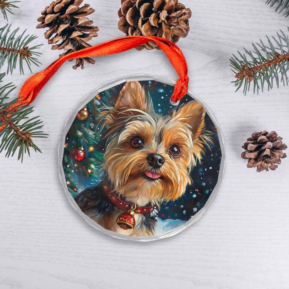 Beautiful Angus Yorkshire Terrier Dog Christmas Night Design 2 Glass Ornament