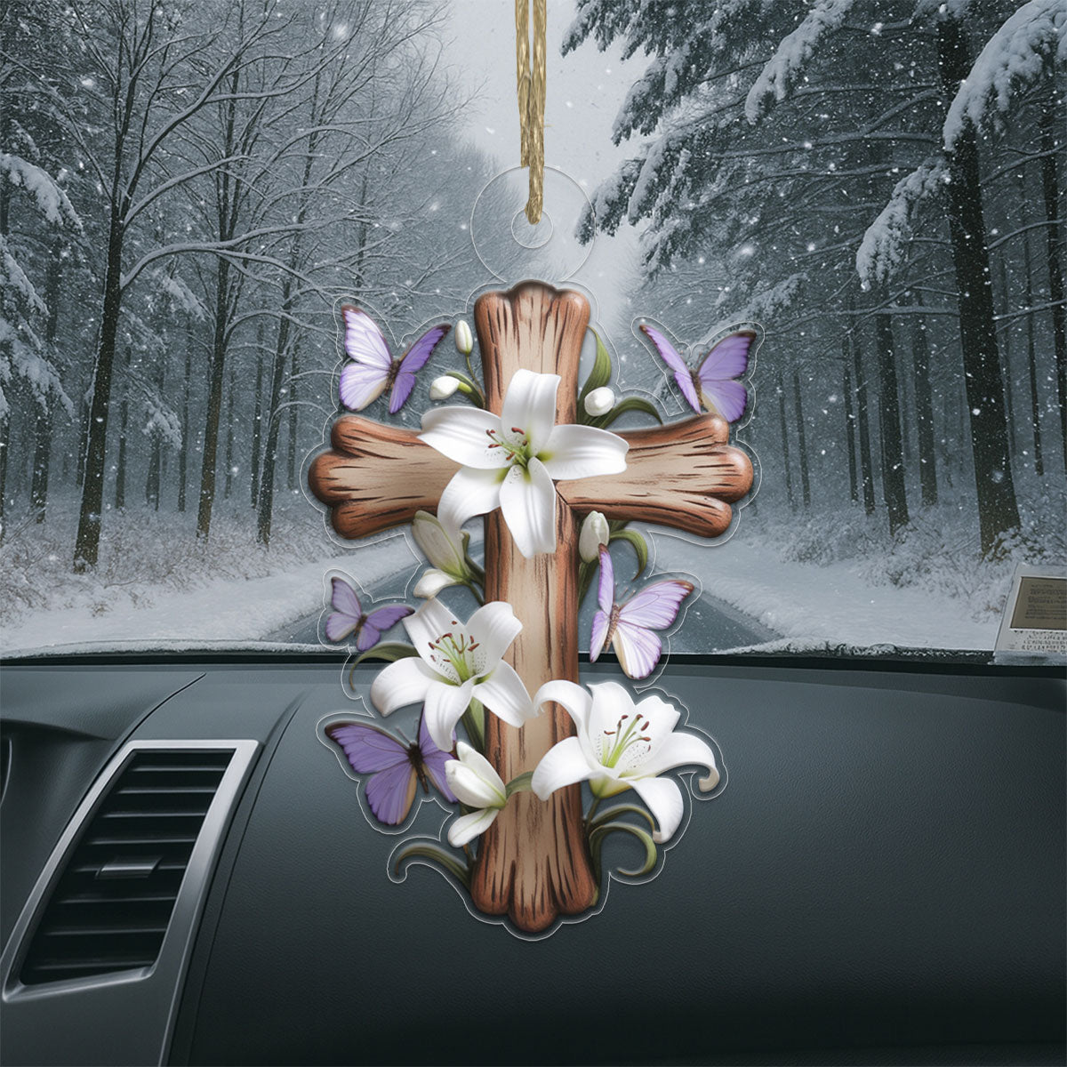 Lily & Butterfly Cross Acrylic Ornament Christmas Gift