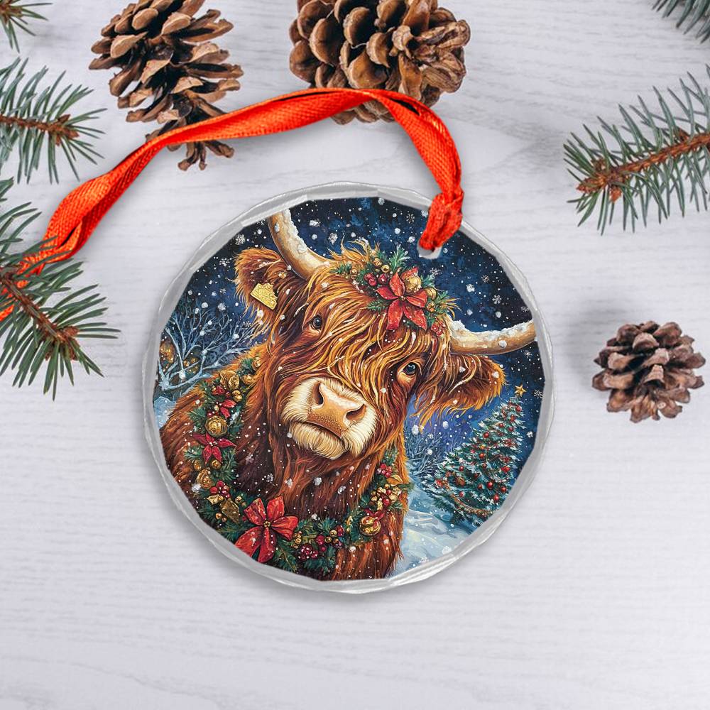 Beautiful Highland Cow Christmas Night Design 1 Glass Ornament