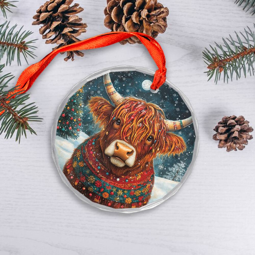 Beautiful Highland Cow Christmas Night Design 3 Glass Ornament