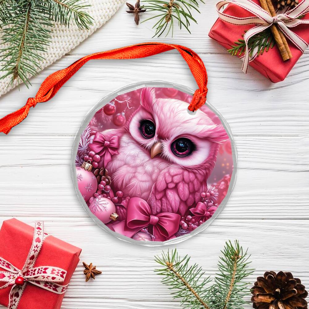 Owl Pink Christmas Design 4 Glass Ornament