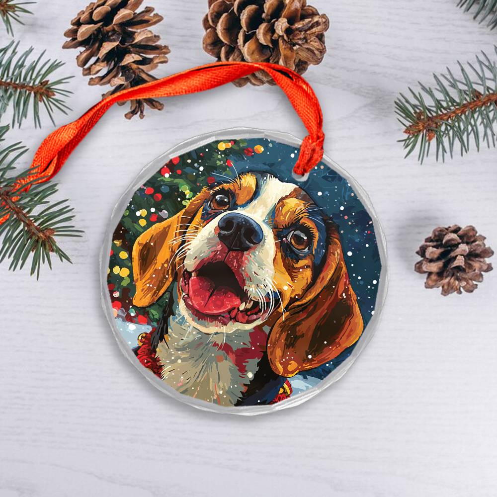 Beautiful Angus Beagle Dog Christmas Night Design 2 Glass Ornament