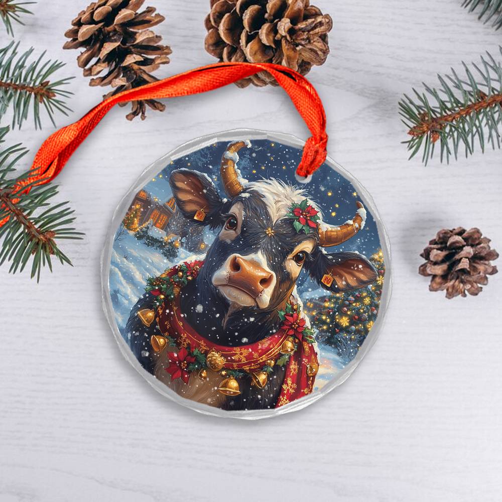 Beautiful Bull Christmas Night Design 1 Glass Ornament