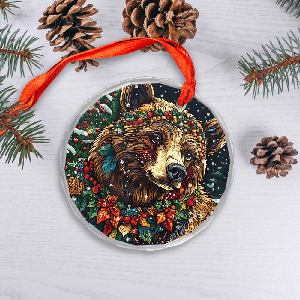 Beautiful Angus Grizzly Bear Christmas Night Design 4 Glass Ornament