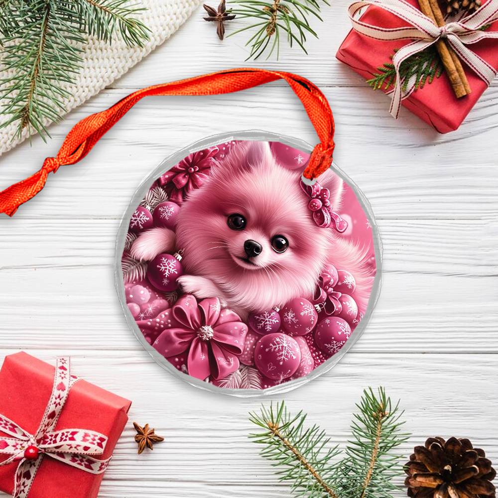 Pomeranian Dog Pink Christmas Design 2 Glass Ornament