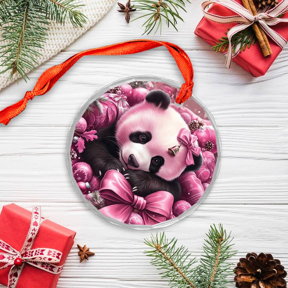 Panda Pink Christmas Design 2 Glass Ornament