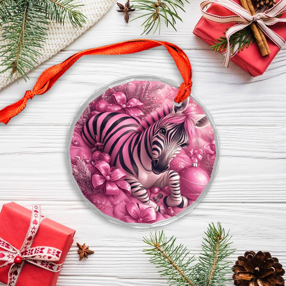 Zebra Pink Christmas Design 3 Glass Ornament