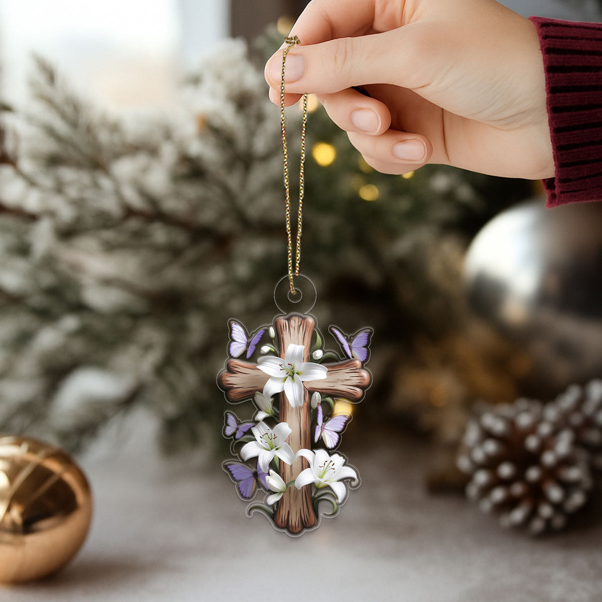 Lily & Butterfly Cross Acrylic Ornament Christmas Gift