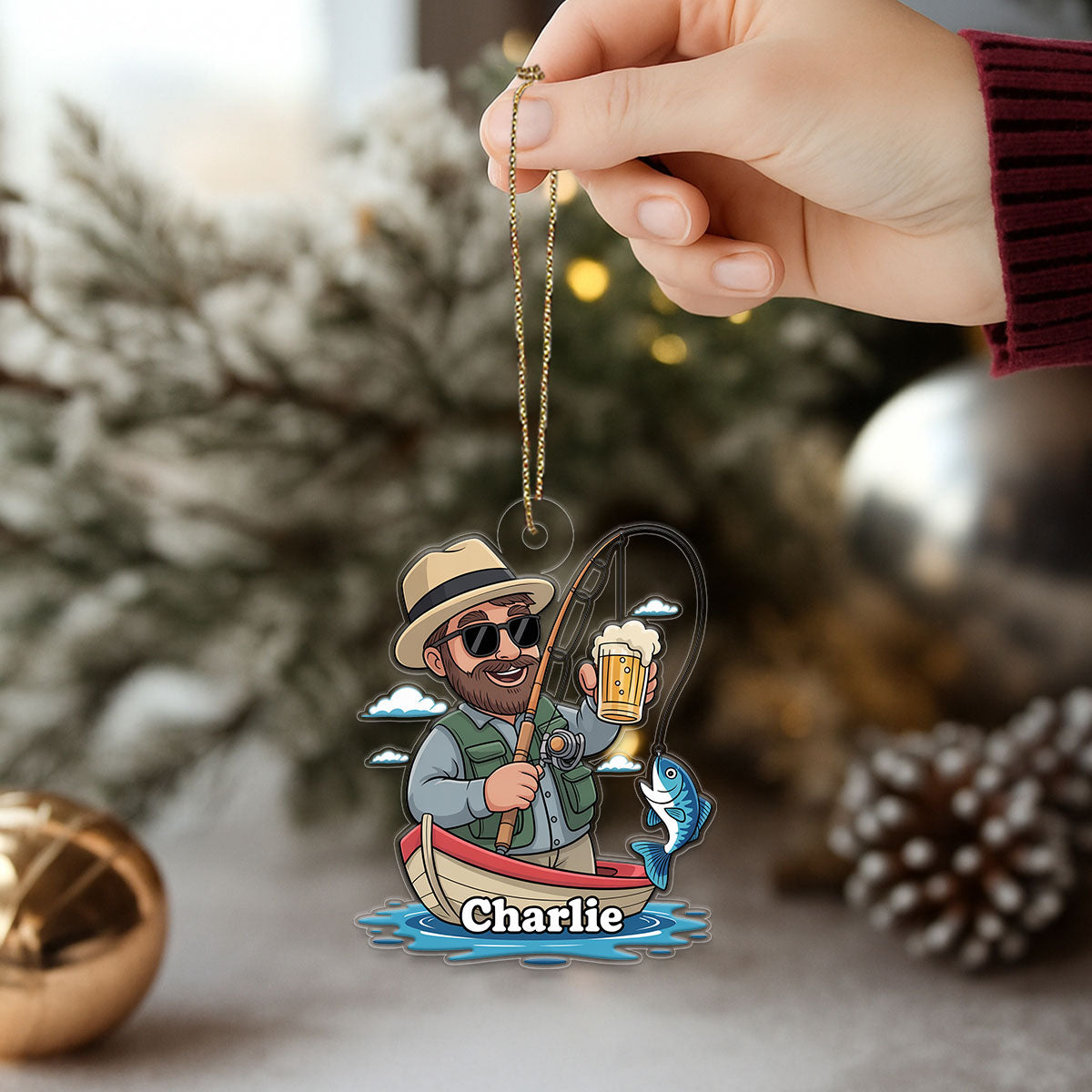 Custom Name Caricature Fisherman Acrylic Ornament Christmas Gift