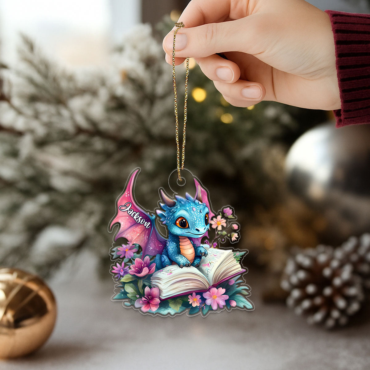 Custom Name Book Lover with Dragon Acrylic Ornament Christmas Gift