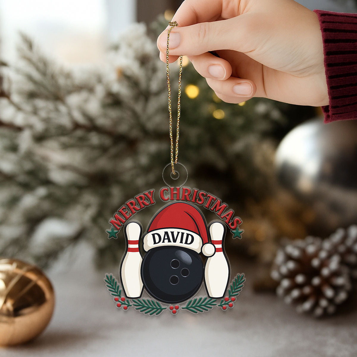 Custom Name Bowling Ball Santa Acrylic Ornament Christmas Gift