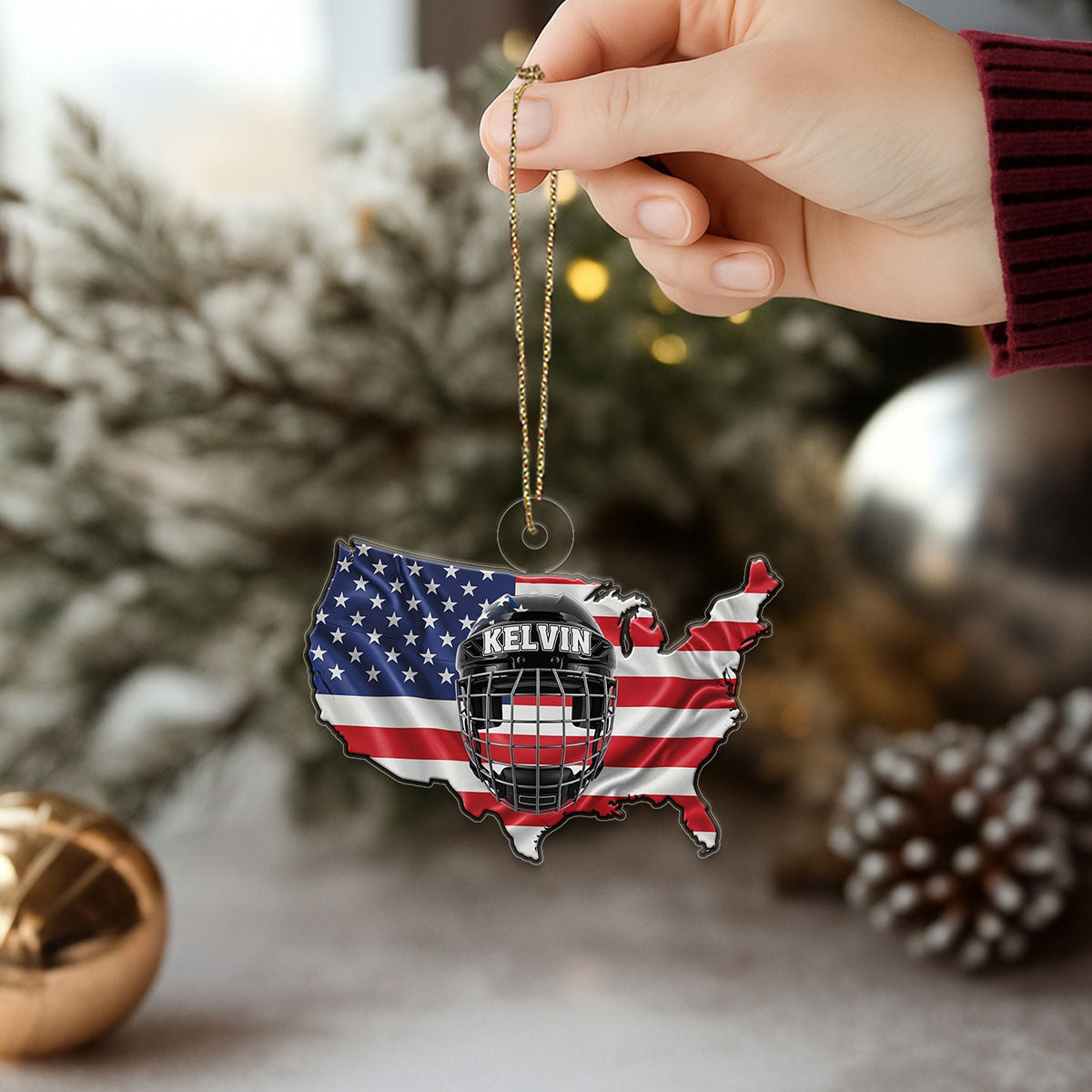 Custom Name Hockey Helmet USA Acrylic Ornament Christmas Gift