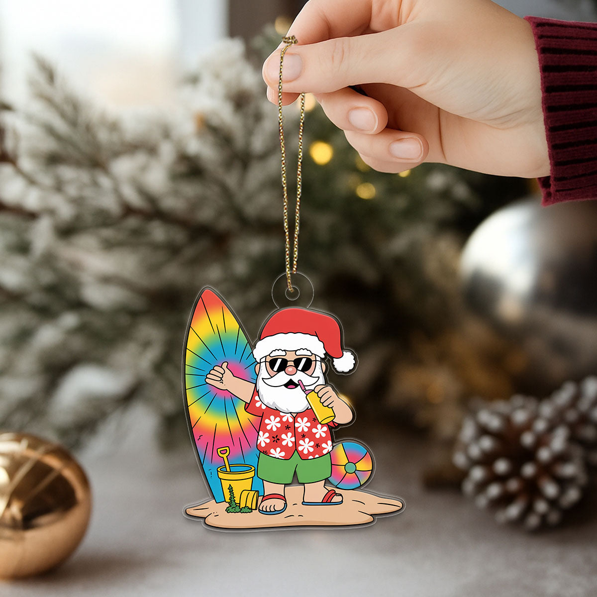 Santa Claus Cartoon Christmas On The Beach Acrylic Ornament Christmas Gift