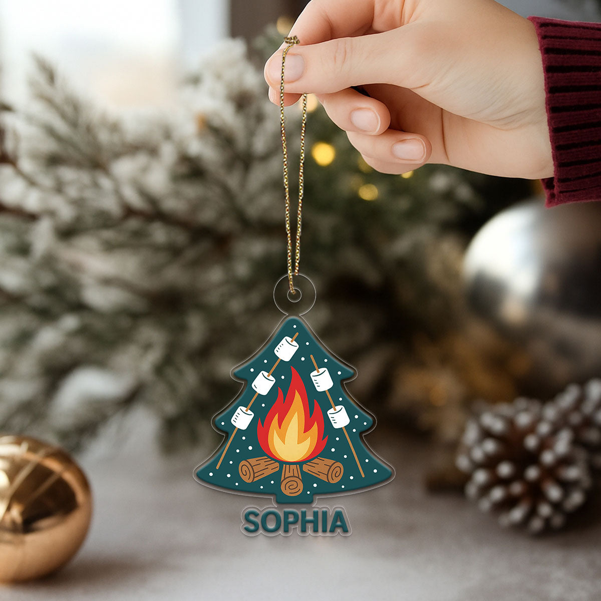 Personalized Campfire and Marshmallows with Christmas Tree Ornament, Custom Christmas Ornament, Camping Holiday Keepsake, Cozy Family Gift