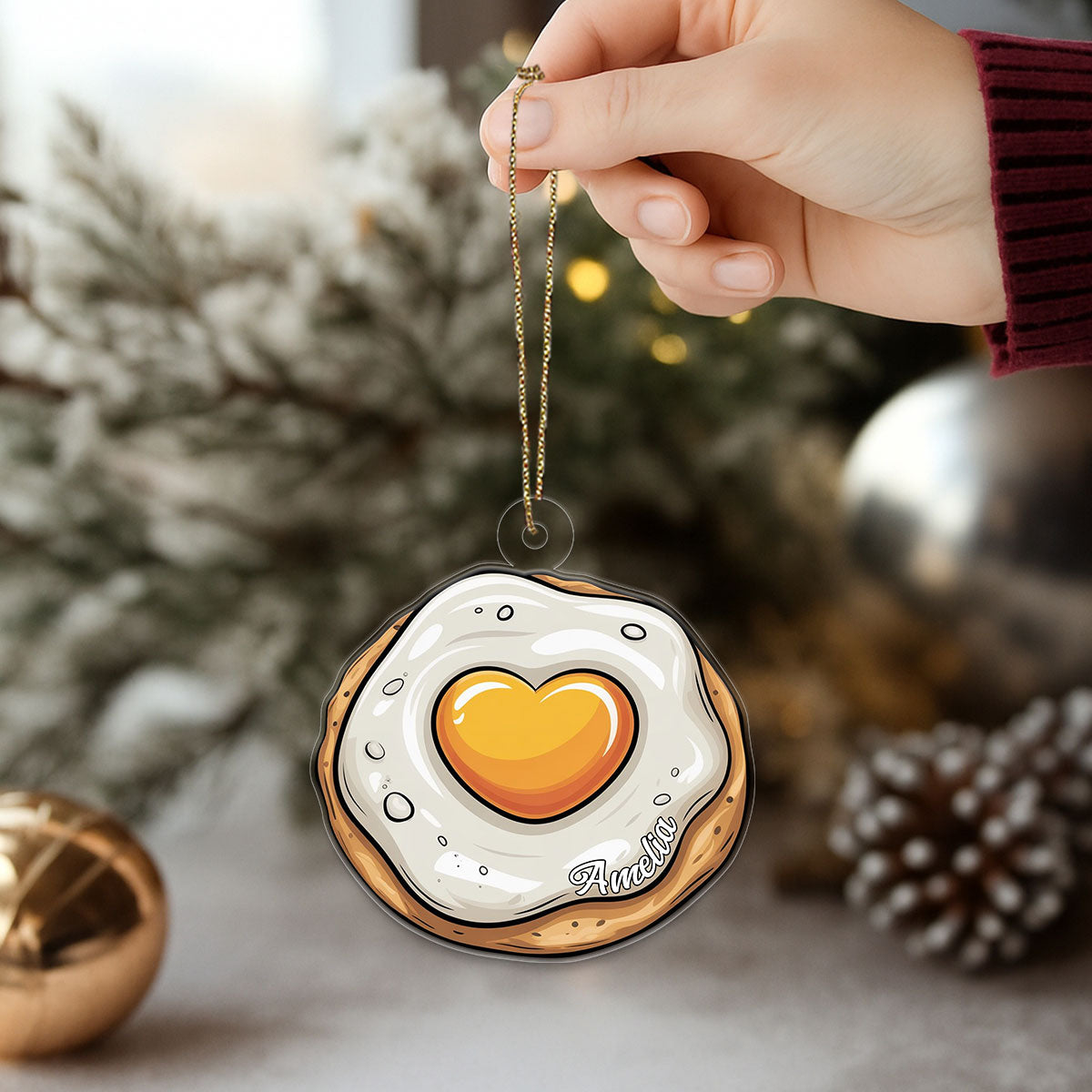 Personalized Heart Fried Egg Ornament, Custom Funny Christmas Ornament, Breakfast Lover Gift, Cooking Holiday Decoration, Unique Foodie Keepsake
