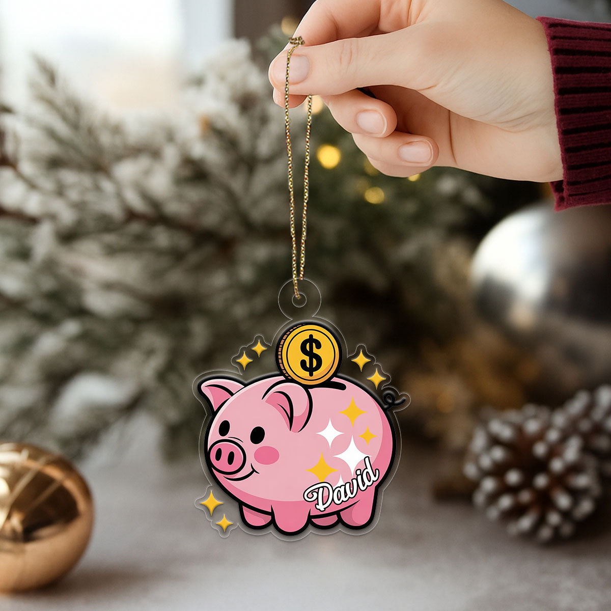 Personalized Piggy Bank Ornament, Custom Christmas Ornament for Kids, Cute Money Saving Holiday Gift, Family Keepsake Decoration