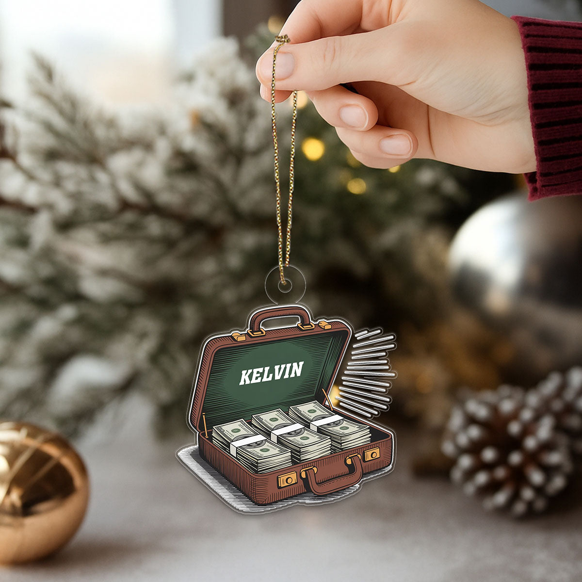 Personalized Suitcase with Cash Dollars Ornament, Custom Funny Christmas Ornament, Money Lover Holiday Gift, Unique Xmas Keepsake