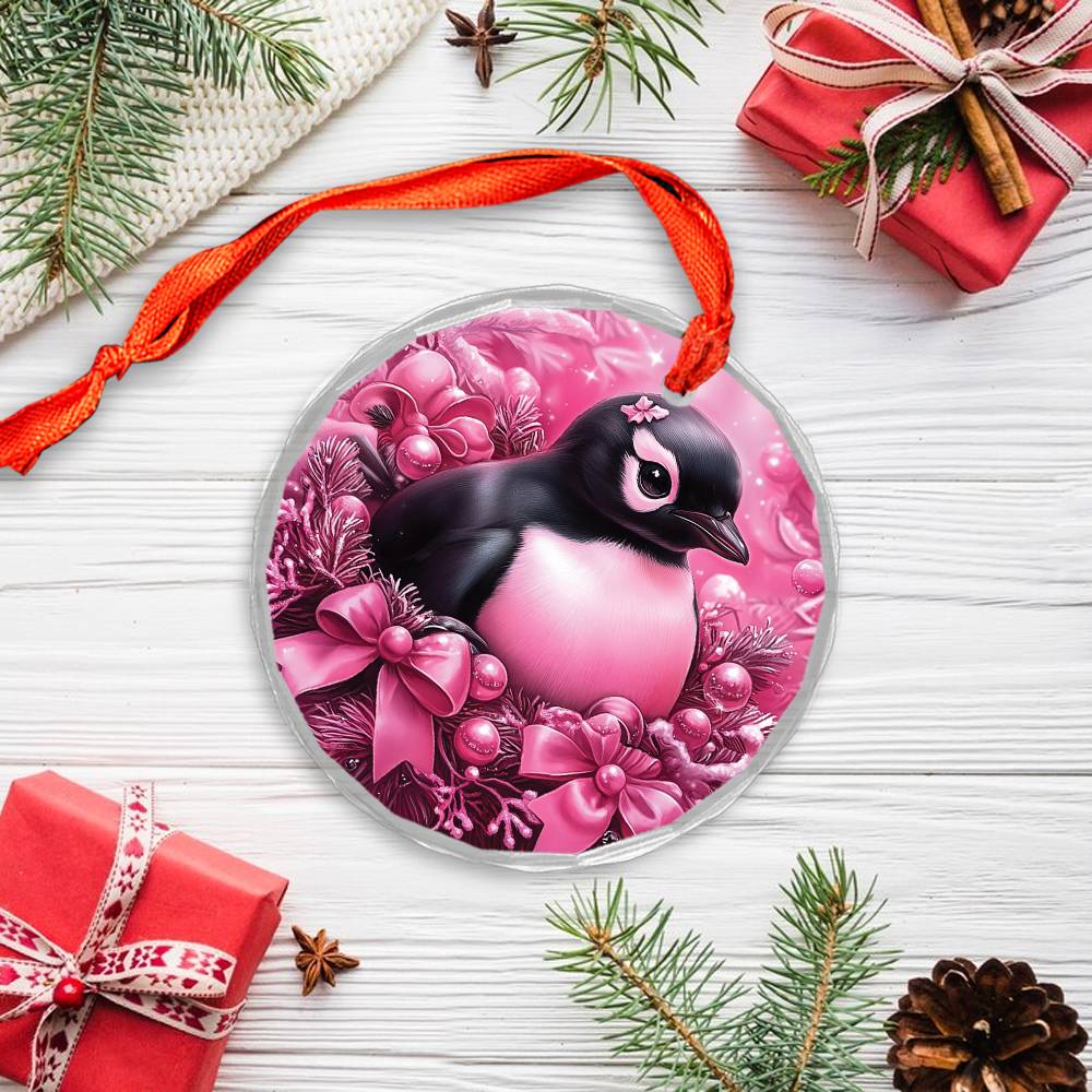 Penguin Pink Christmas Design 3 Glass Ornament