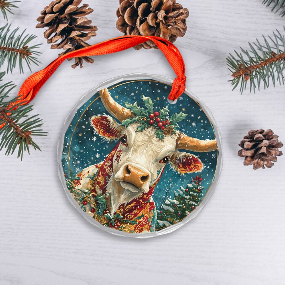Beautiful Longhorn Cow Christmas Night Design 4 Glass Ornament