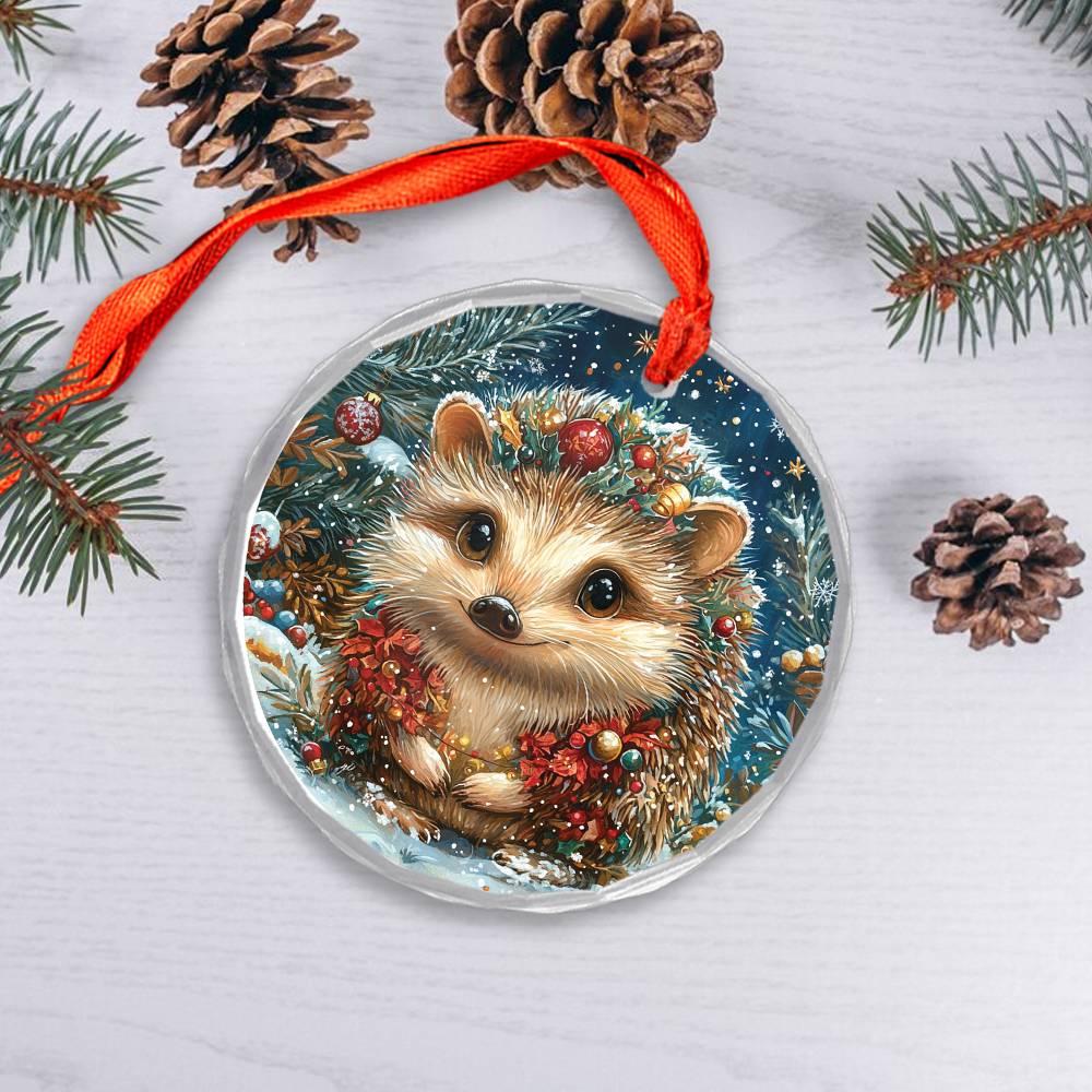 Beautiful Angus Hedgehog Christmas Night Design 4 Glass Ornament
