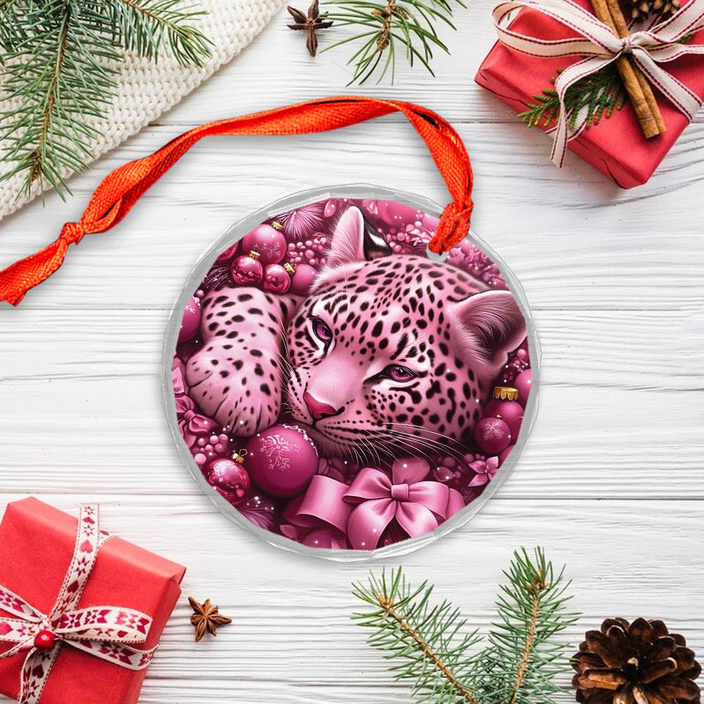 Leopard Pink Christmas Design 4 Glass Ornament