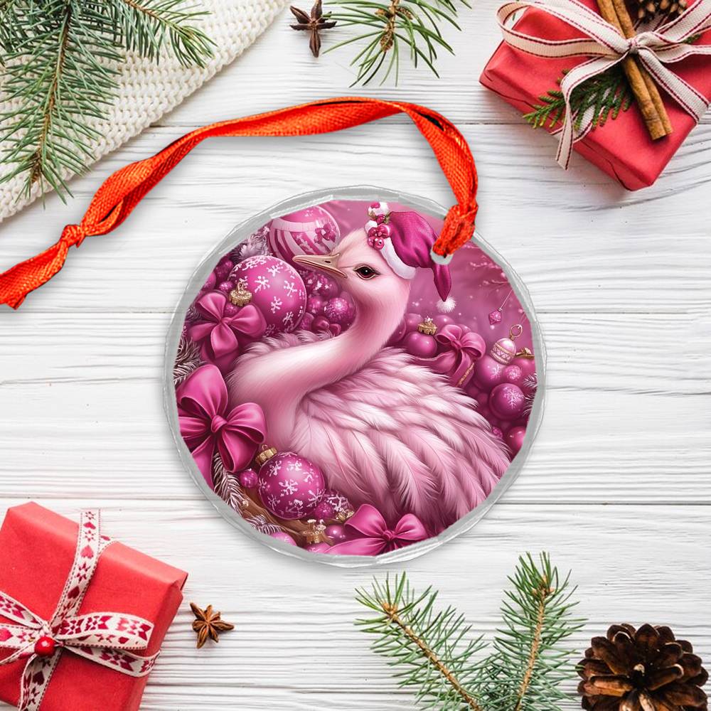 Ostrich Pink Christmas Design 1 Glass Ornament