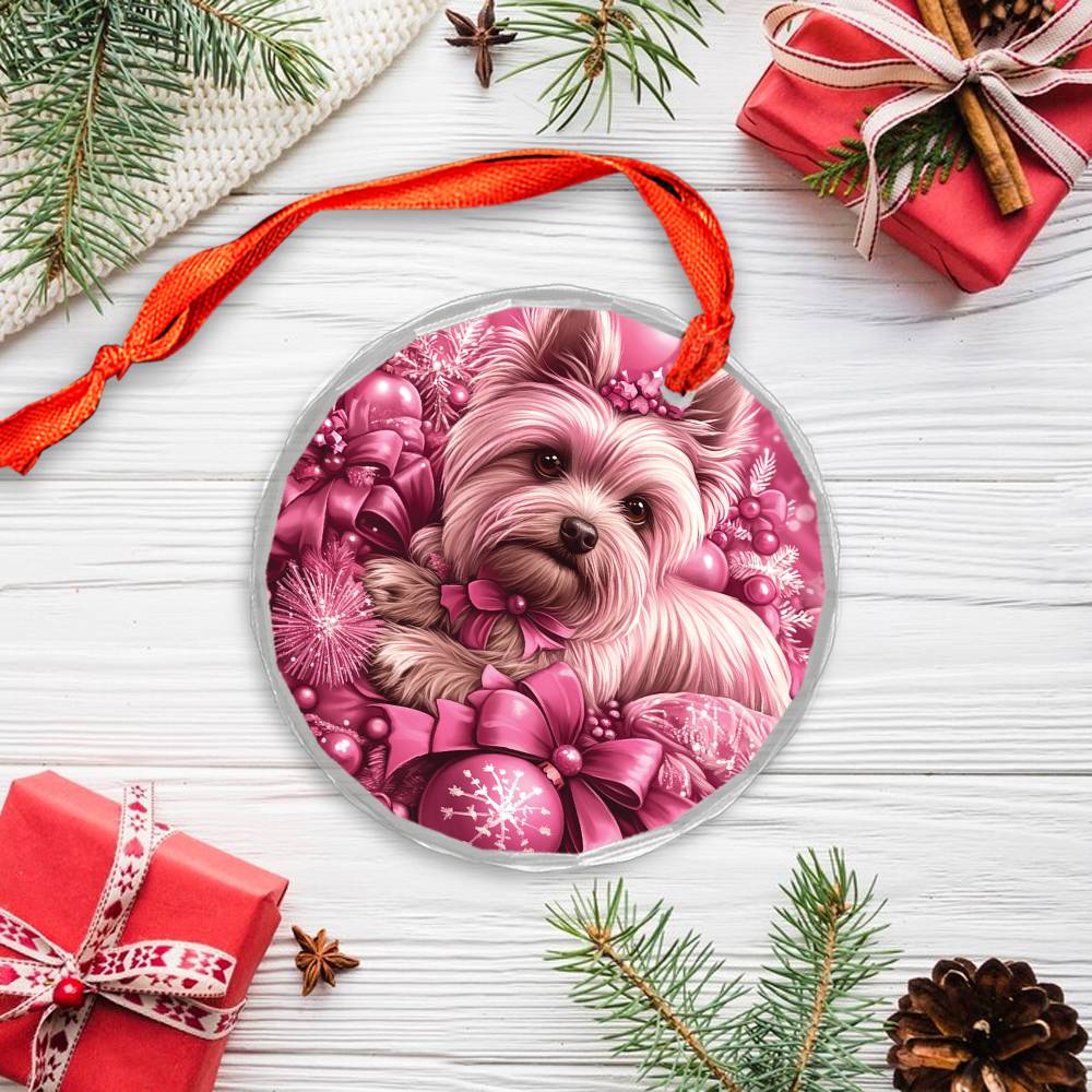Yorkshire Terrier Dog Pink Christmas Design 3 Glass Ornament
