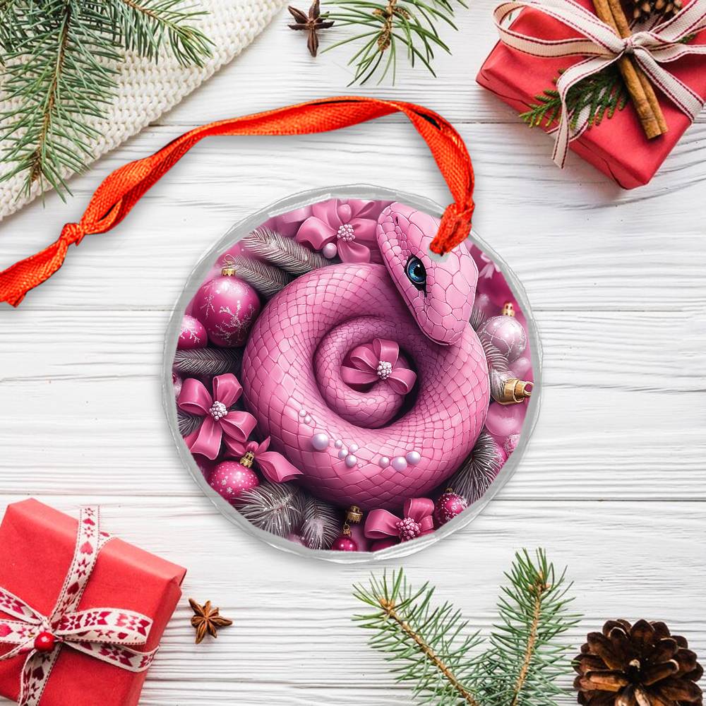 Snake Pink Christmas Design 3 Glass Ornament