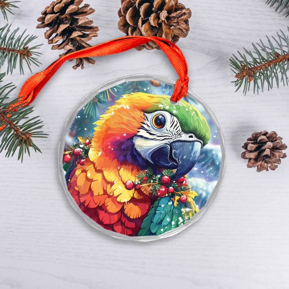 Beautiful Parrot Christmas Night Design 3 Glass Ornament