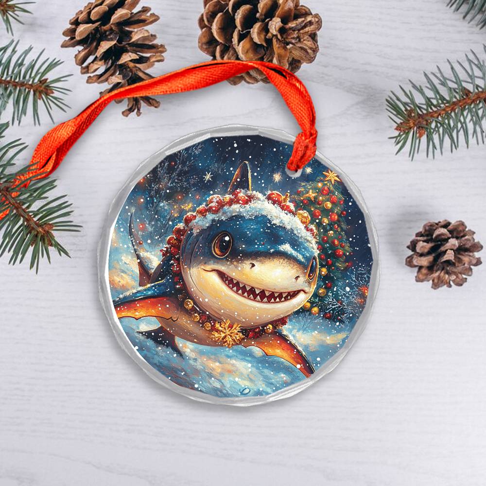 Beautiful Angus Shark Christmas Night Design 3 Glass Ornament