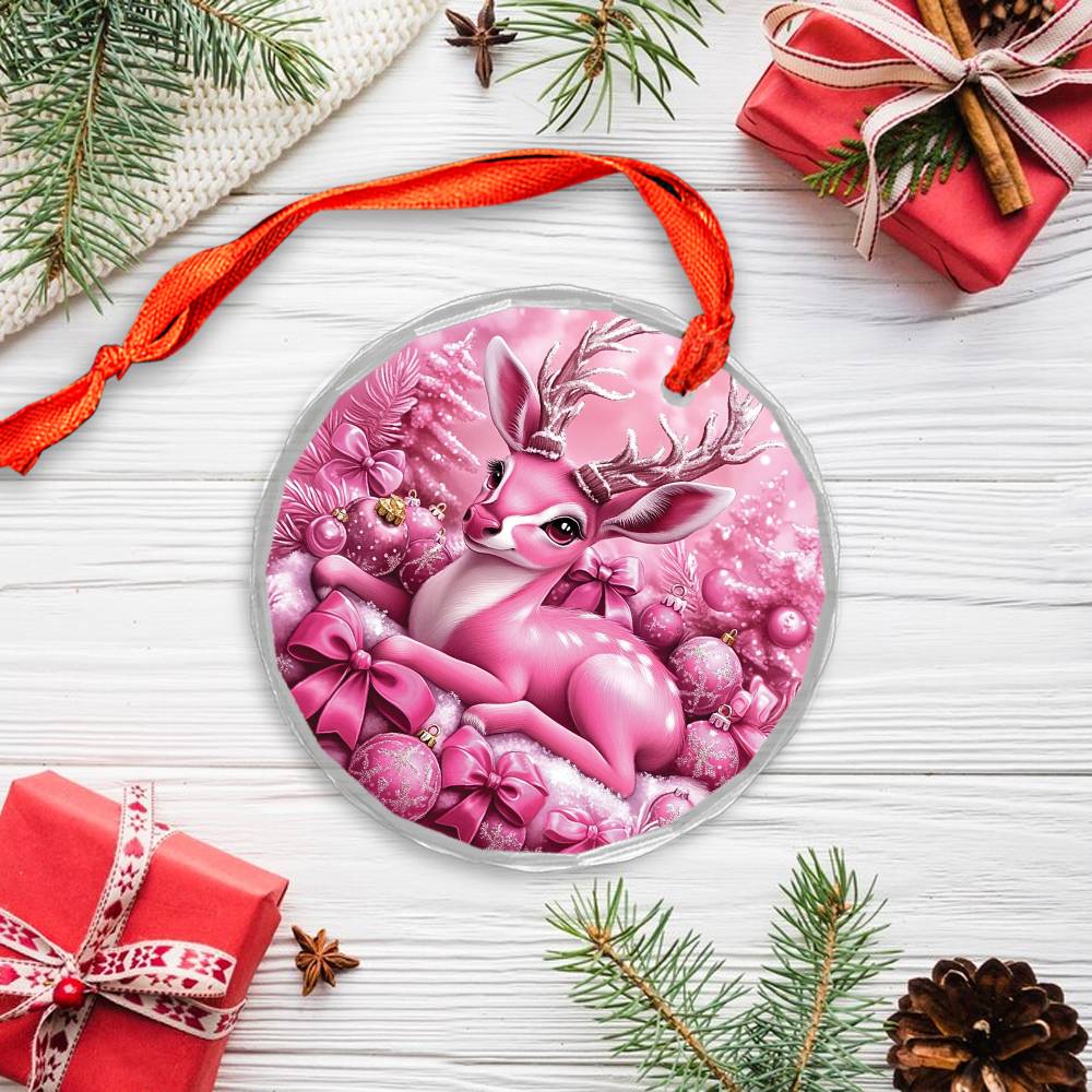 Antelope Pink Christmas Design 1 Glass Ornament