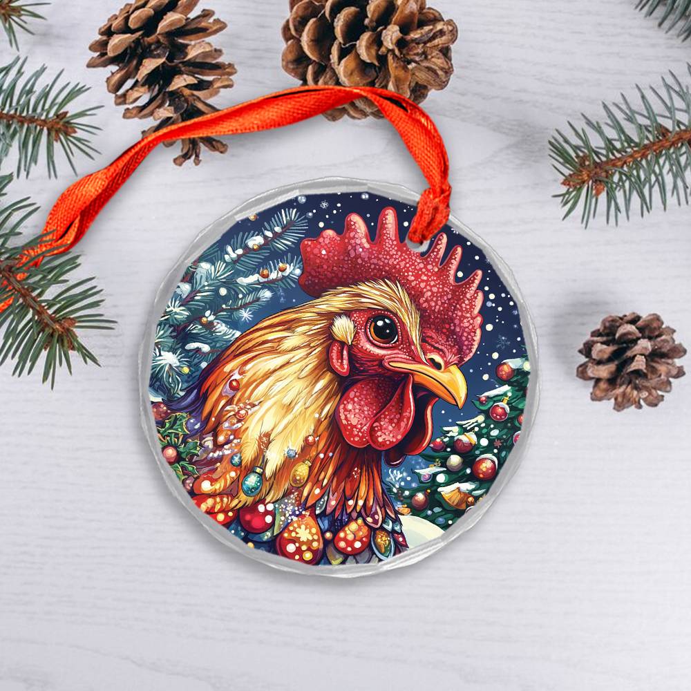 Beautiful Rooster Christmas Night Design 3 Glass Ornament