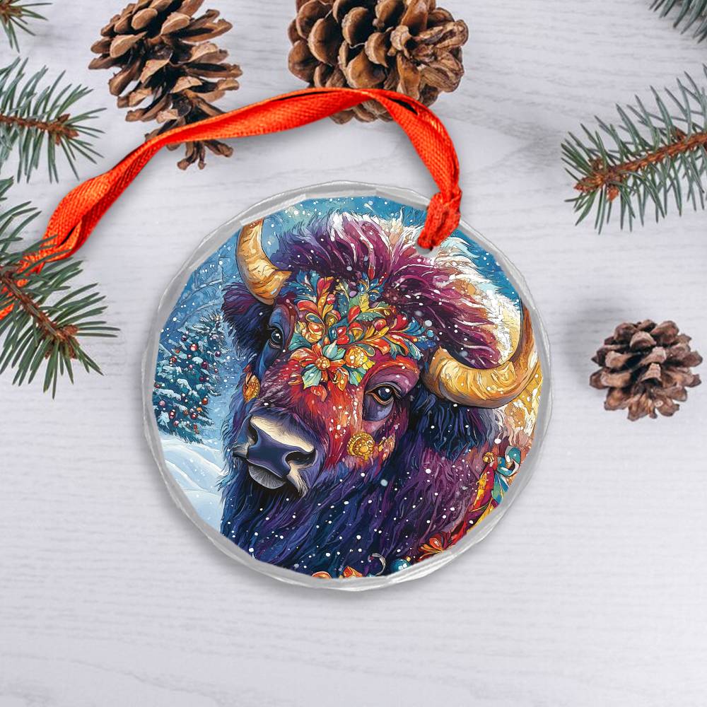 Beautiful Bison Christmas Night Design 4 Glass Ornament