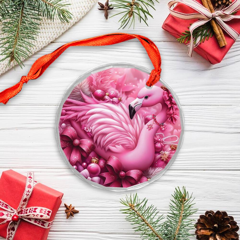 Flamingo Pink Christmas Design 3 Glass Ornament