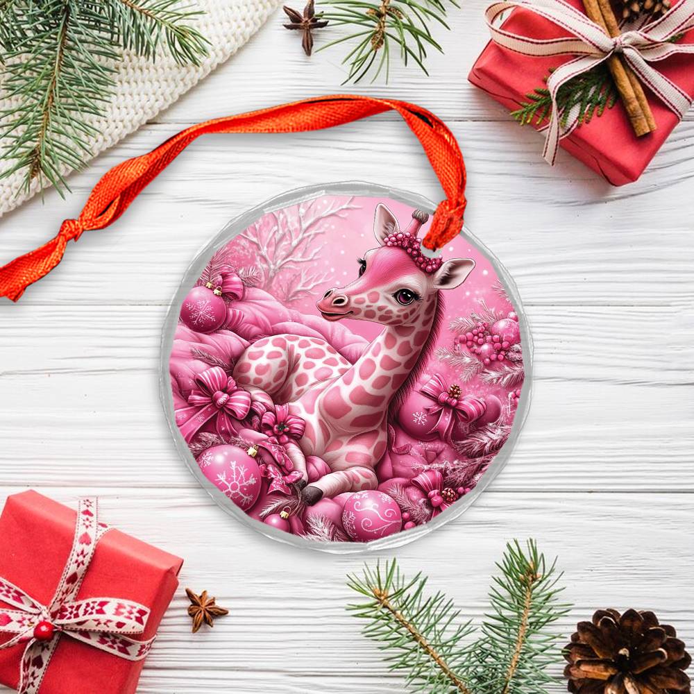 Giraffe Pink Christmas Design 2 Glass Ornament